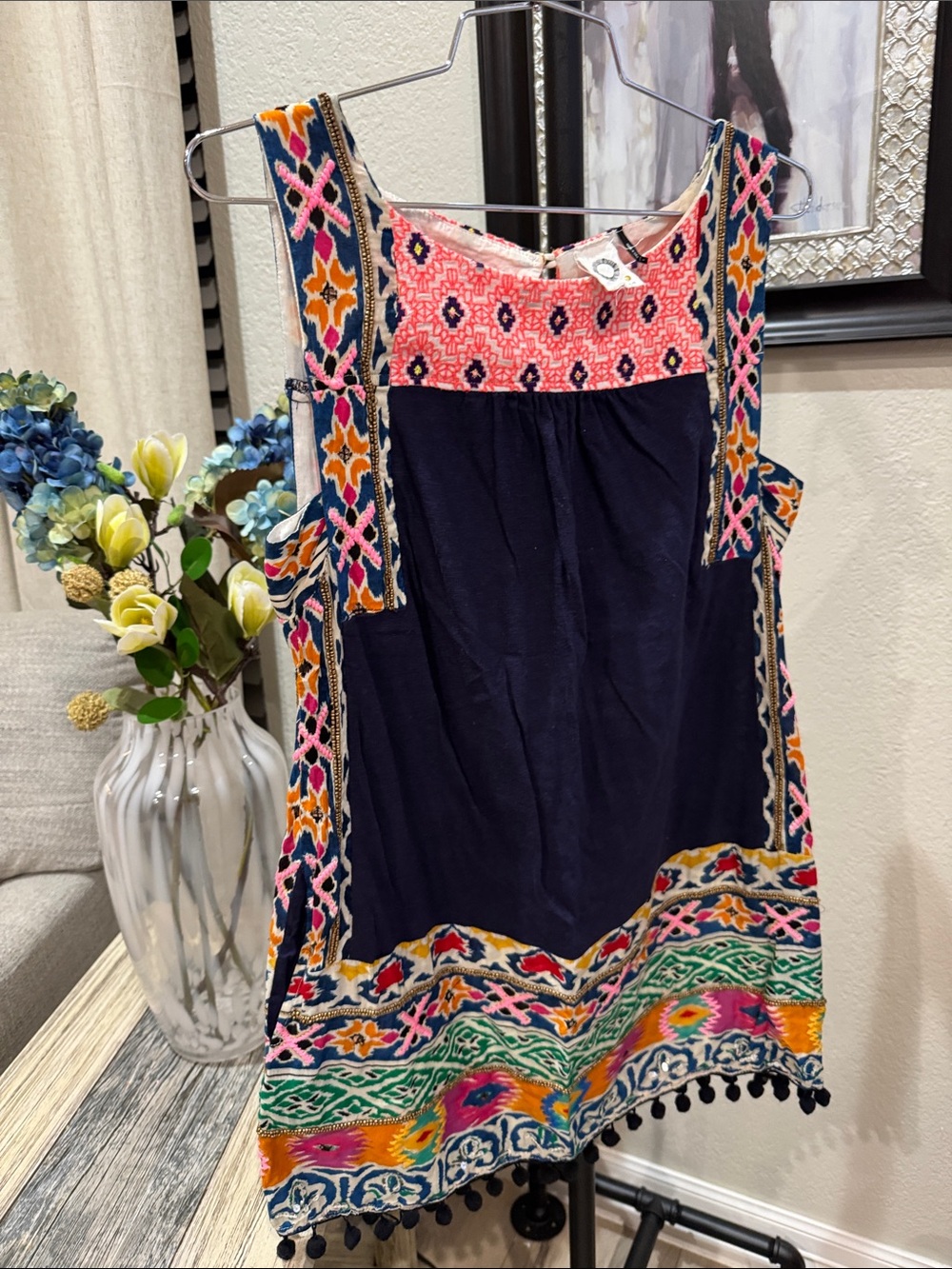 Embroidered Navy Mini Dress with Pink Yoke and Multicolor Trim